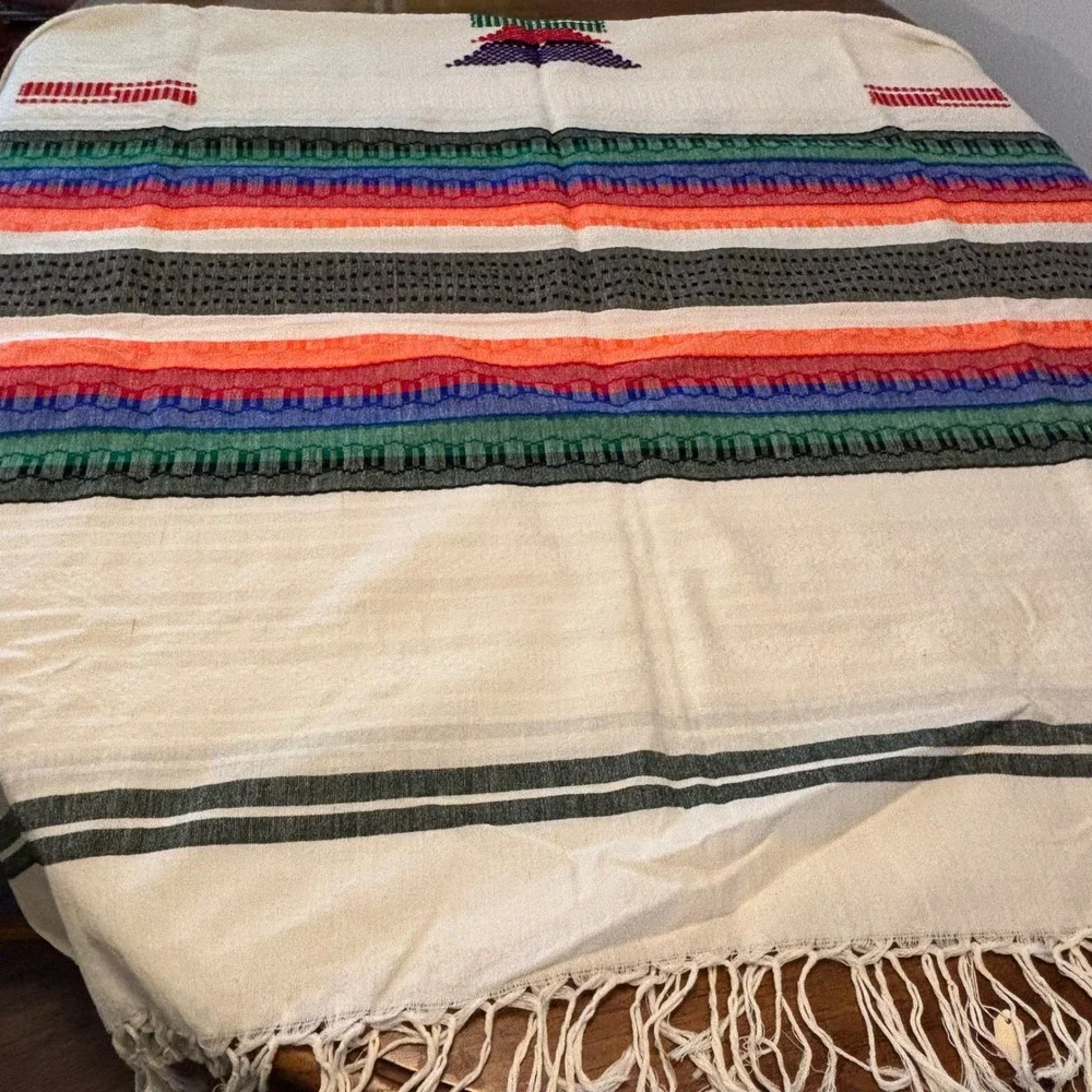 Handwoven Ethiopian Gabi Blanket Cotton Netela Wrap Striped Fringed Cream 60x96